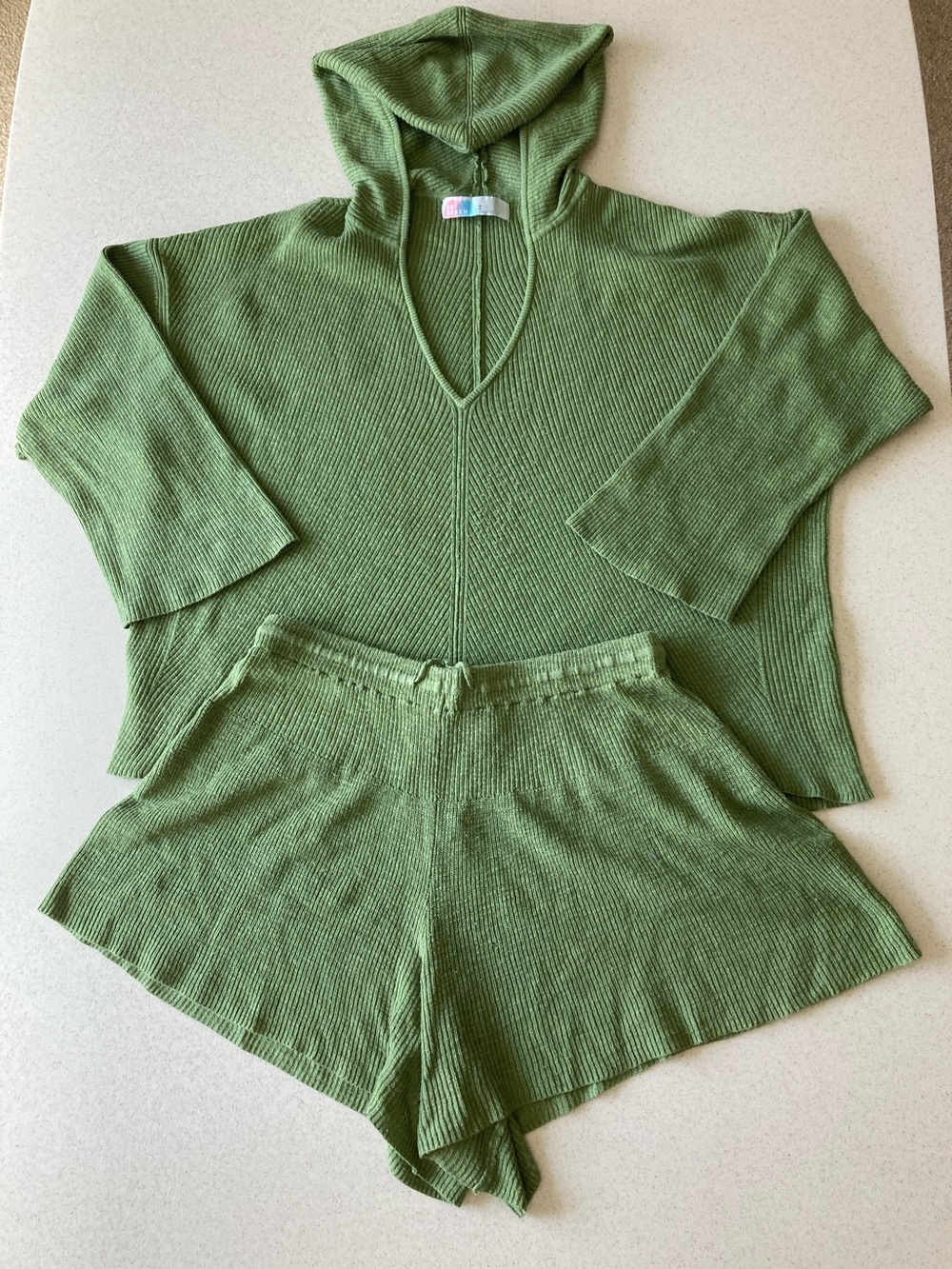 Free People FP Beach Ribbed Knit Lounge Set Green Top & Shorts Women Size Medium